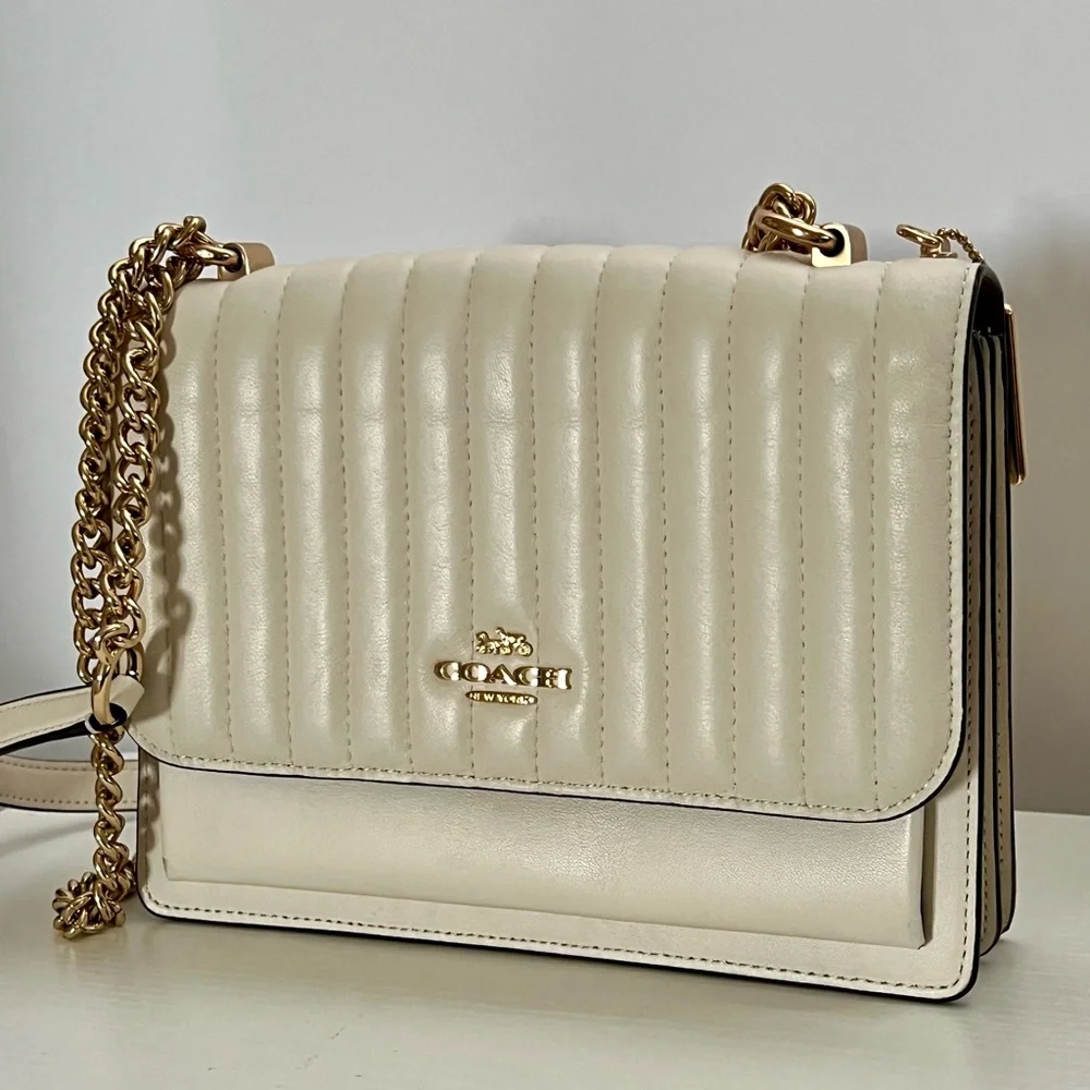 Coach Quilted Leather Shoulder Bag in Chalk White with Gold Chain - Picture 1 of 12